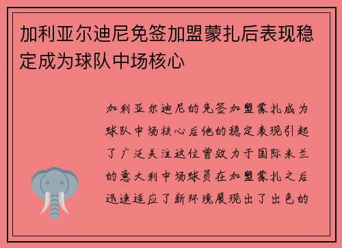 加利亚尔迪尼免签加盟蒙扎后表现稳定成为球队中场核心