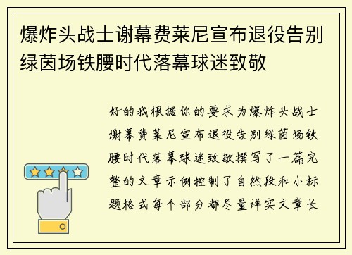 爆炸头战士谢幕费莱尼宣布退役告别绿茵场铁腰时代落幕球迷致敬